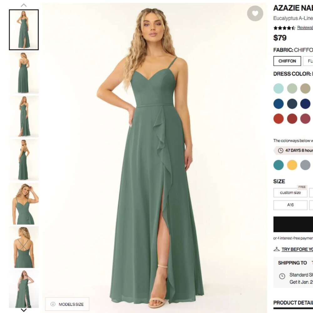 Azazie Naeem Bridesmaid Dress in Eucalyptus (custom size similar to size zero)